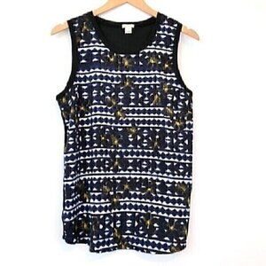 J. CREW Black White Blue Geometric Boho Mixed Media Material Floral Tank Top S